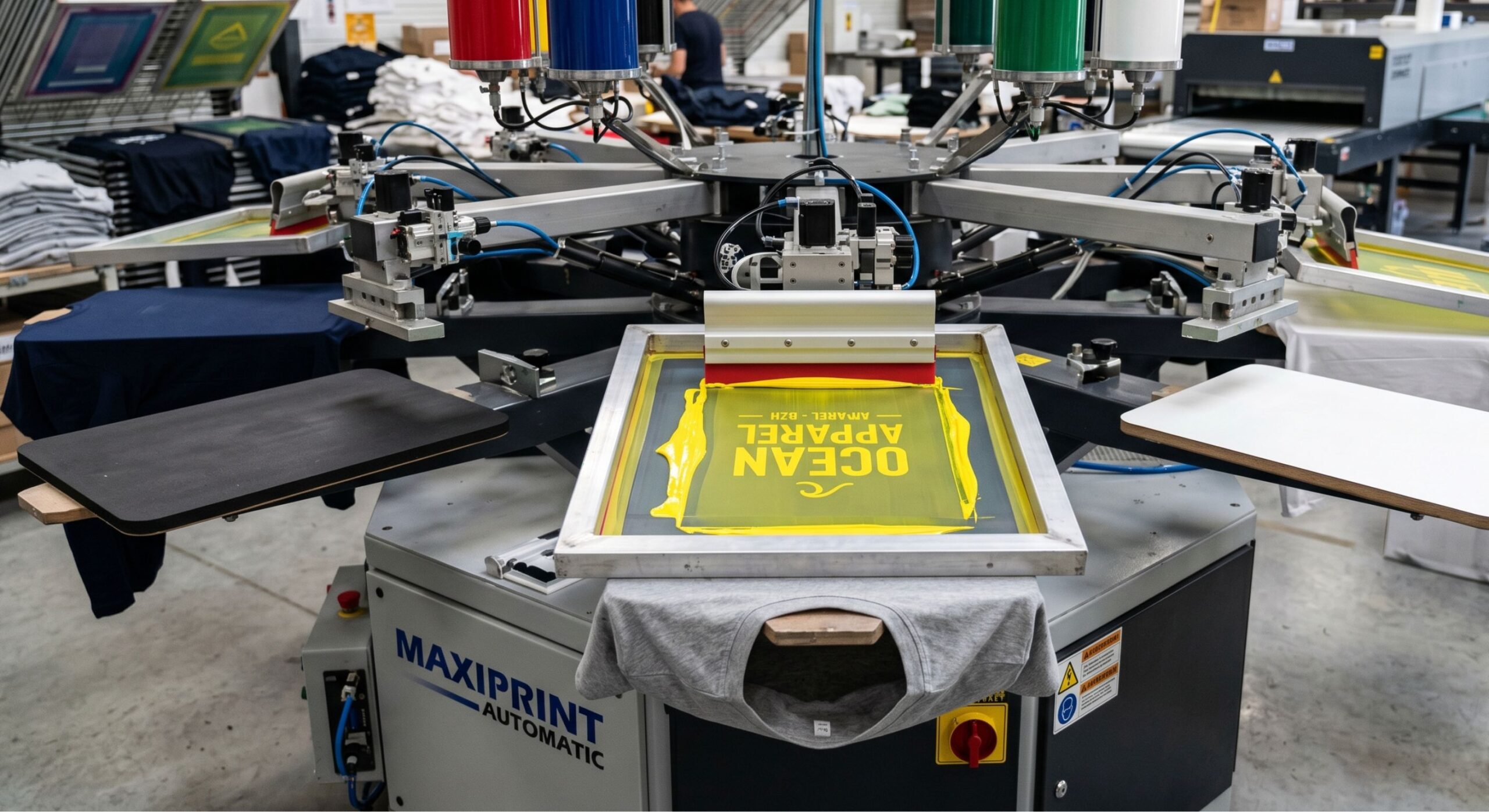 Sérigraphie textile automatique grand volume – machine 12 têtes d'impression, personnalisation.fr